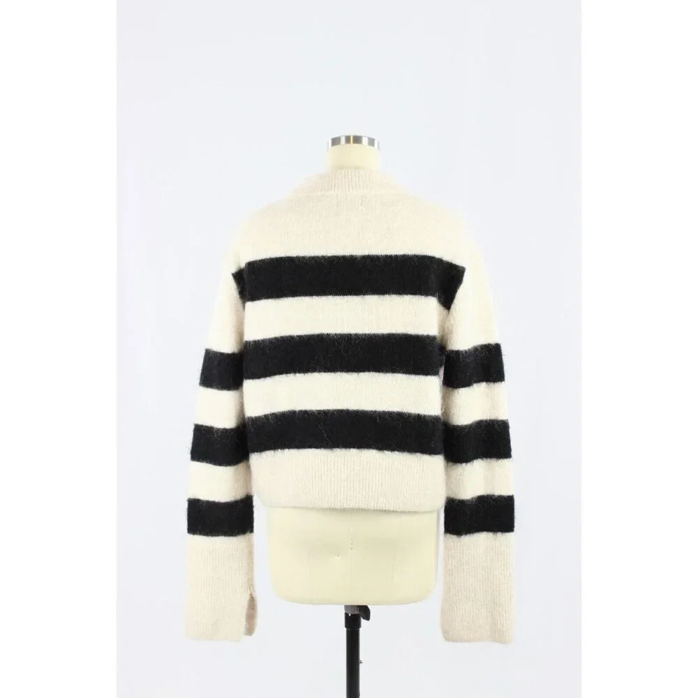 H&M White Black Striped Mohair Wool Blend Knit Crew Neck Sweater, Size M - Picture 4 of 13